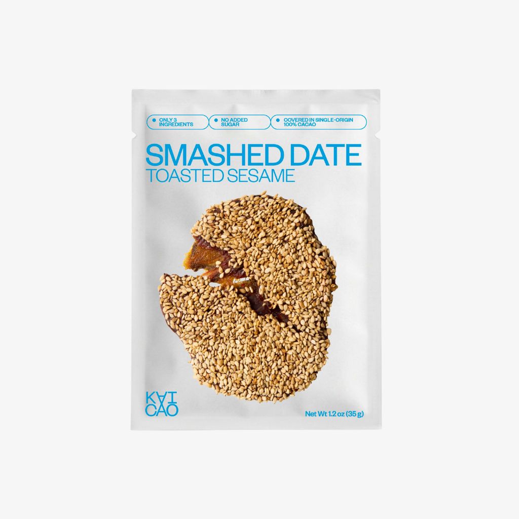 Roasted Sesame Smashed Date covered in 100% cacao